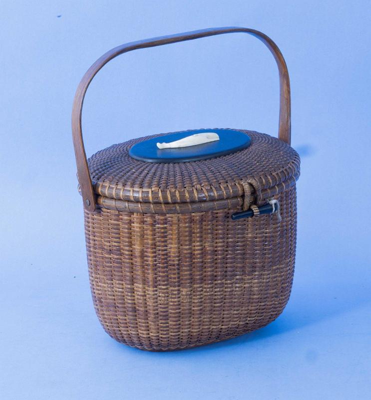 Nantucket Friendship Basket with Whale ivory Whale by A. Macy, Circa 1955